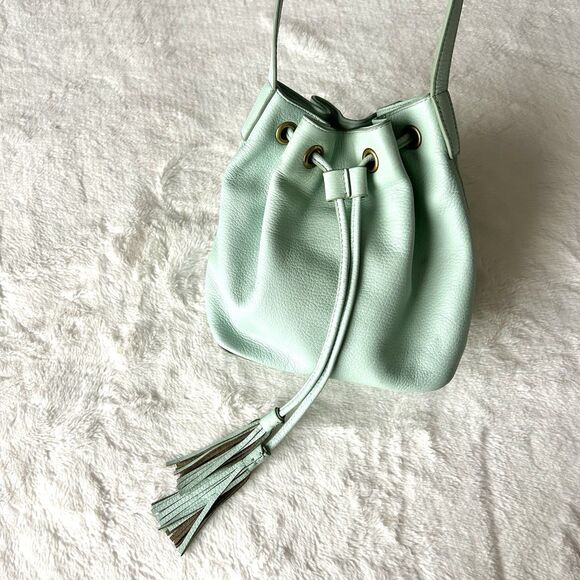 J. Crew Handbags - J. Crew Pebbled Leather Bucket Bag with Tassels Sea Foam Green Crossbody Coastal